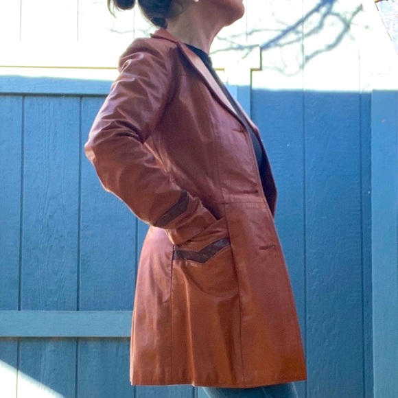 Vintage 60s Ms. Pioneer leather and snakeskin jacket, orange brown, pockets, Sm - Picture 6 of 16
